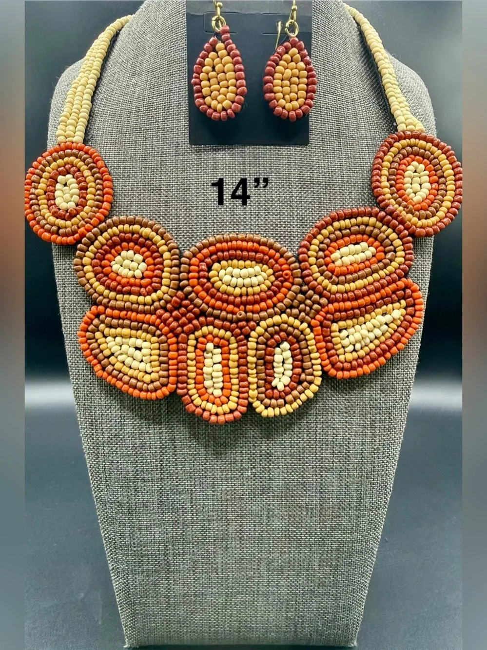 Handcrafted Beaded Statement Necklace & Earrings - Orange, Tan, Brown